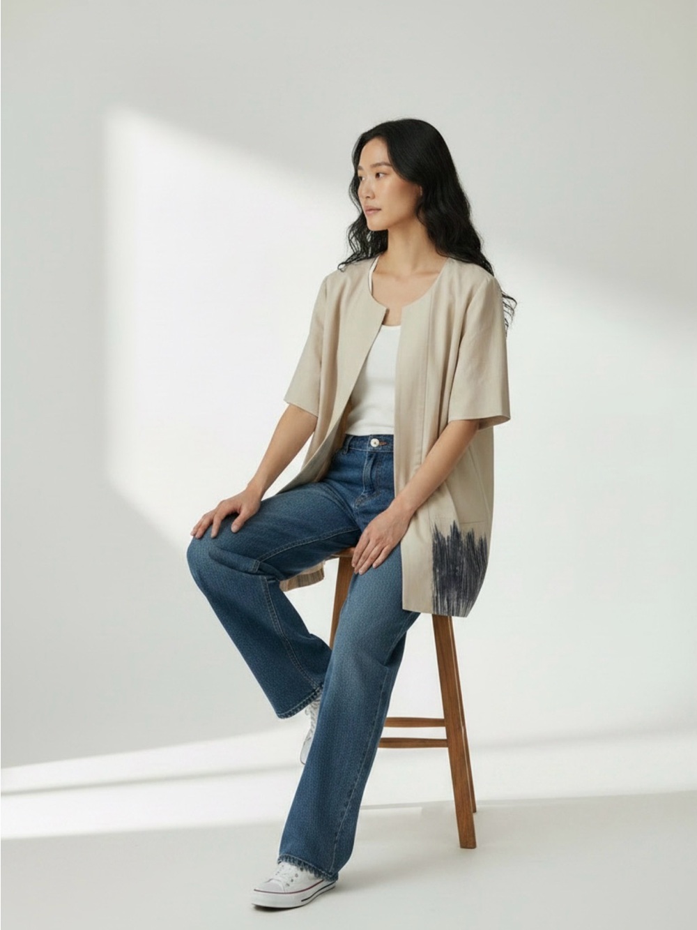 Vera Wang Women's Cream Short Sleeve Vest with Navy Fringe Detail